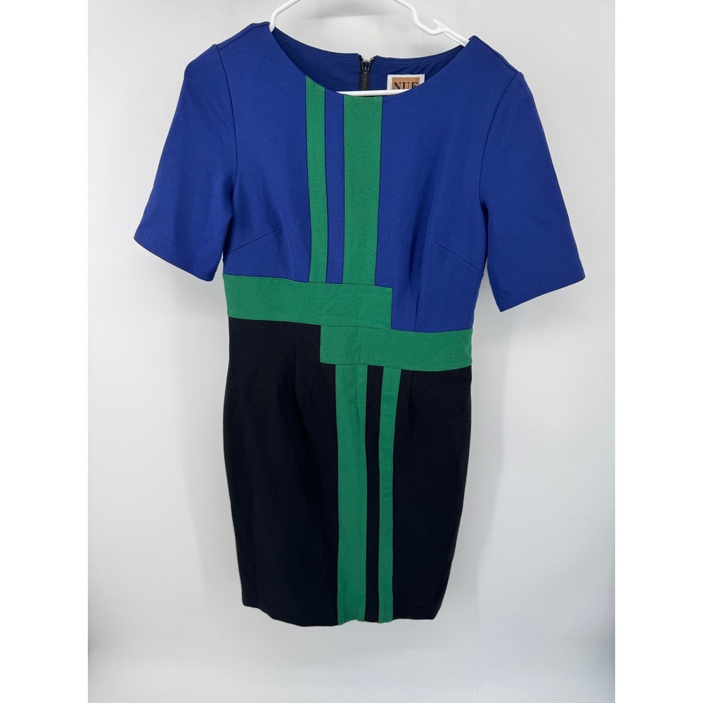 NUE by Shani Womens Colorblock Sheath Dress Blue Green Black Size 8 Short Sleeve